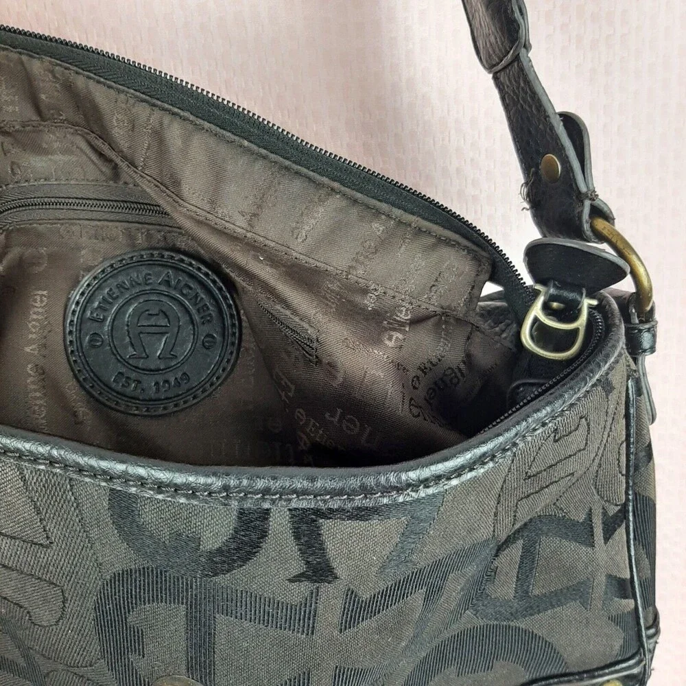 Vintage Etienne Aigner Handbag Black with Logo Leather Fabric Zipper